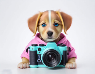 pastel color baby dog holding camera on white background