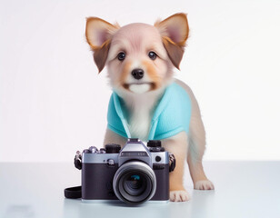 pastel color baby dog holding camera on white background