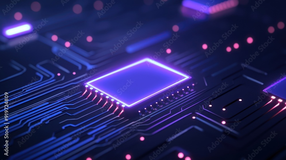 Poster close-up view of a glowing microchip on a circuit board, showcasing intricate electronic patterns an