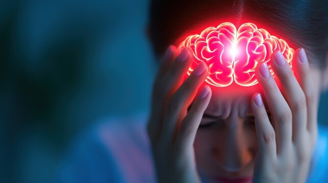 A woman experiencing stress with a glowing brain symbol, representing mental health and emotional challenges.