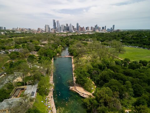 Aerial view of Barton Springs Pool in Austin, Texas
