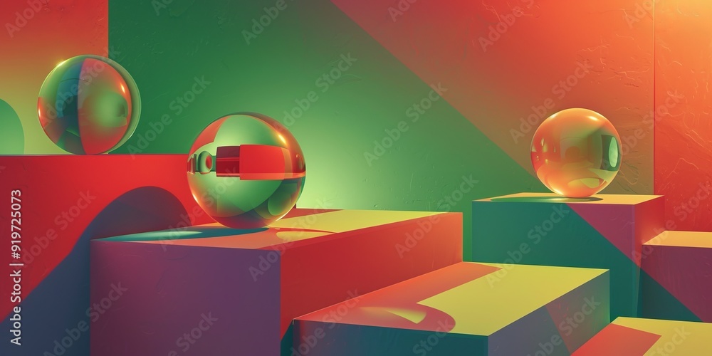 Poster illustration of colorful geometric shapes of smooth and shiny spheres on steps of square platforms a