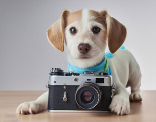 pastel color baby dog holding camera on white background