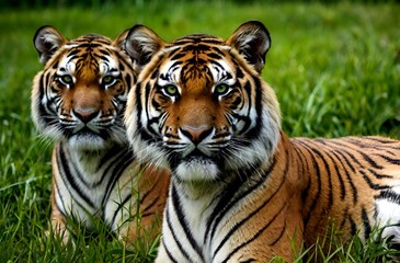 Fototapeta premium Two beautiful and dangerous tigers in a green forest