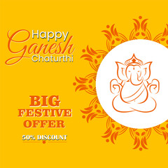 Text Happy Ganesh Chaturthi BIG FESTIVE OFFER 50% DISCOUNT
A white circle with a black outline of Lord Ganesha in the center
Yellow background with orange floral patterns