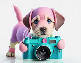 pastel color baby dog holding camera on white background