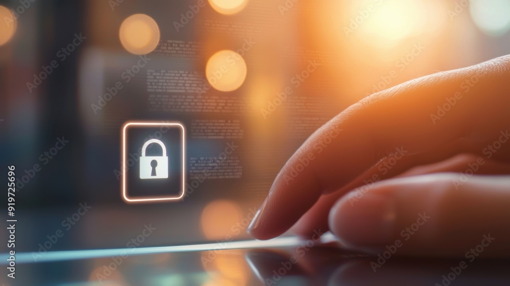 Poster a close-up of a hand interacting with a digital lock icon, symbolizing online security and data prot