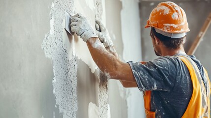 A construction worker applying plaster to interior walls of a building