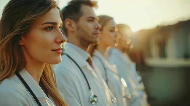 A group of four doctors wearing white coats and standing together