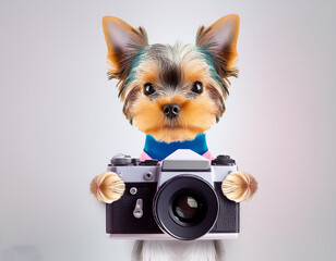 pastel color baby dog holding camera on white background