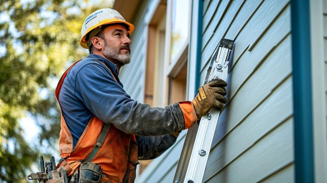 A construction worker attaching siding to a new house, standing on a ladder