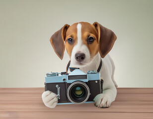 pastel color baby dog holding camera on white background