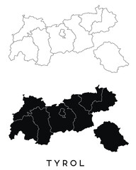 Tyrol map of regions districts vector black on white and outline