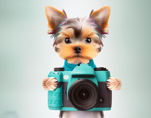 pastel color baby dog holding camera on white background