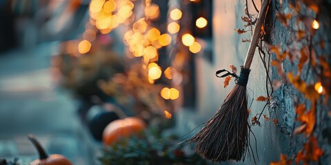 A cozy autumn scene with a broom, pumpkins, and warm lights, perfect for seasonal decor and Halloween vibes.