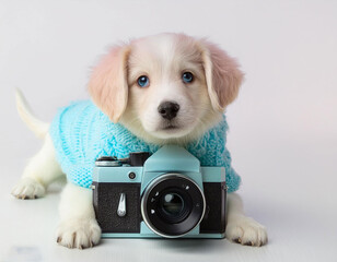pastel color baby dog holding camera on white background