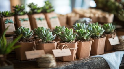 Small potted succulents are arranged on a wooden table at a market booth, showcasing their vibrant green hues and earthy pots.