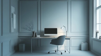 Serene Minimalist Workspace, an inviting blend of clean lines and thoughtful design, fosters creativity and calm, featuring elegant furnishings and high-quality finishes.