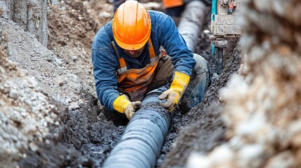 A construction worker installing underground pipes for a sewer system