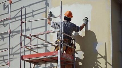 A construction worker painting the exterior of a newly constructed building