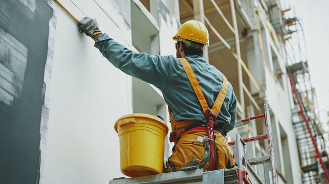 A construction worker painting the exterior of a newly constructed building