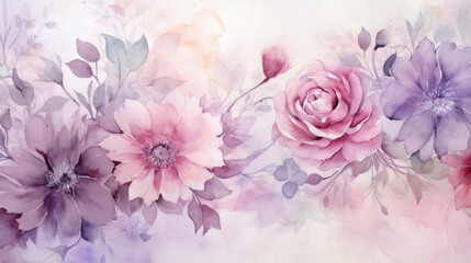 Fototapeta premium Soft, pastel floral background. The flowers and leaves are artistically stylized, resembling a watercolor effect. Dreamy aesthetic.