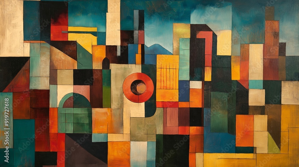 Poster vibrant and abstract representation of a cityscape in cubism