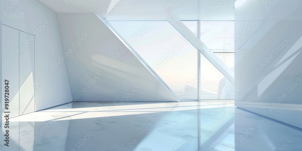 Poster illustration showing interior design of spacious room with smooth floor and large triangle window in
