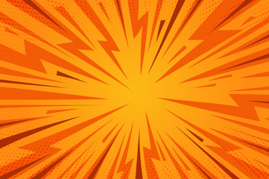 Comic yellow cartoon background. Orange pop art sunburst vector pattern. Vintage halftone effect wallpaper. Manga book textured explosion on shiny radial gradient with flash and lightnings.