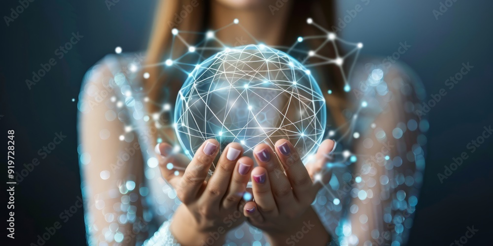 Poster the woman holds a global network connection in the future. we will be able to communicate with each 