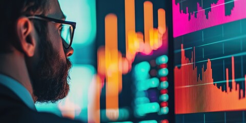 A professional analyzing vibrant financial graphs on a digital display, showcasing market trends and data insights.