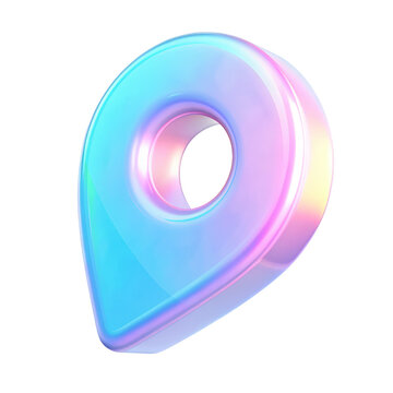 3D map pin icon with a smooth iridescent surface, reflecting vibrant holographic colors in a modern design. Isolated on transparent background, png.