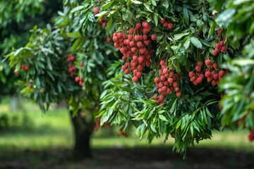 Ripe lychees in lychee garden, orchard. Vibrant colors and juicy sweetness of this tropical delight, straight from the orchard to your table. Lychee, Litchi, Lichee, fruit