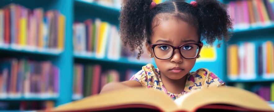 Petite fille afro-am&eacute;ricaine, &acirc;g&eacute;e de 8 ans, triste, portant des lunettes, r&eacute;alisant ses devoirs dans la biblioth&egrave;que d'un &eacute;tablissement scolaire.
