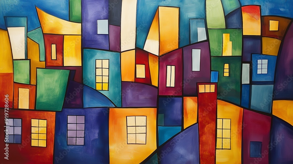 Poster vibrant and abstract representation of a cityscape in cubism