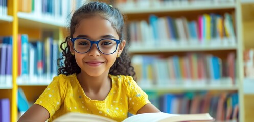 Jeune fille afro-américaine, âgée de 10 ans, souriante, portant des lunettes, lisant un livre dans une bibliothèque scolaire.