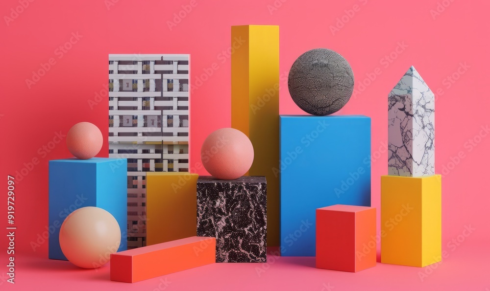 Aufkleber set of abstract minimal 3d geometric shapes with different materials