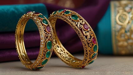 An elegantly crafted array of ladies' bangles. Sparkling gemstones nestled in intricately designed gold settings