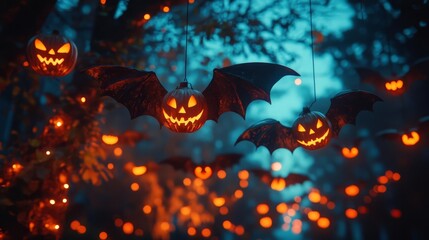 Fototapeta premium A horrorthemed Halloween night featuring bat decorations with a terrifying twist, such as creepy bat cutouts, haunted bat props, and ominous lighting