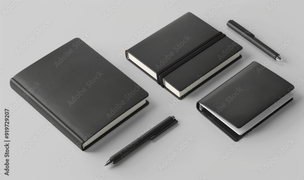 Poster mockup of a black leather notebook with a light grey background, showing it from all angles, closed 