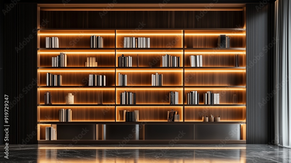 Poster modern indoor library with illuminated shelves displaying an array of books during a quiet afternoon