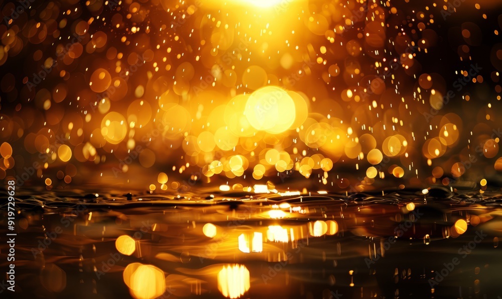 Poster the sun's golden rays cast a mystical glow on water droplets, creating a bokeh effect on a dark surf