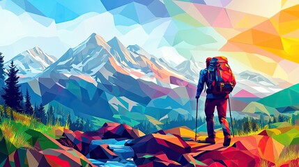 a joyful hiker trekking on a rugged mountain trail,