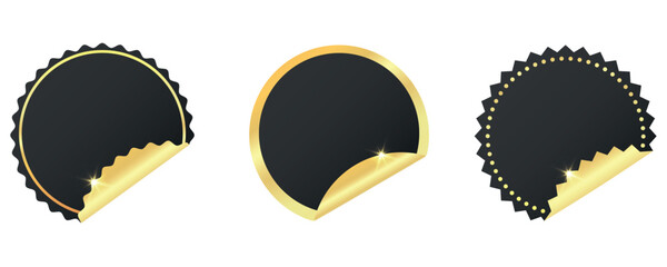 Luxury Golden Black Round Stickers Set, EPS 10, Vip, Gold Labels, Round Decorative Elements, Curved Corner