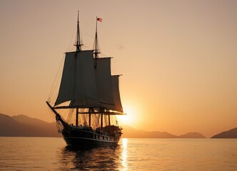Obraz premium A Majestic Sailing Ship Gliding Gracefully at Sunset Over Tranquil, Reflective Waters