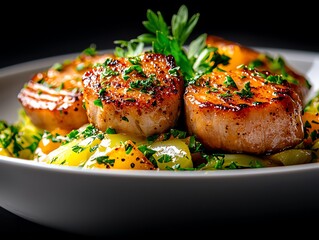 Classic stirfry of pork medallions with crisp cabbage, apples, and a rich mustard cream sauce