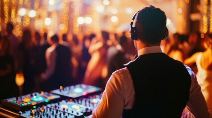 A DJ mixes music at a wedding reception, surrounded by dancing guests, with warm lights illuminating the venue.