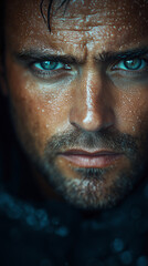 Obraz premium Handsome man with blue eyes and beard, close-up cinematic portrait in dark colours, his face with serious expression