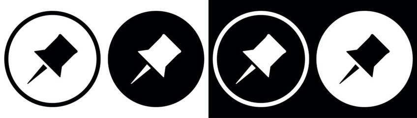 Push pin icon set. Linear and silhouette style. Vector illustration isolated on white and black background.