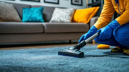 A happy young man with headphones cleans the house with a vacuum cleaner. The room is bright, with modern decor.